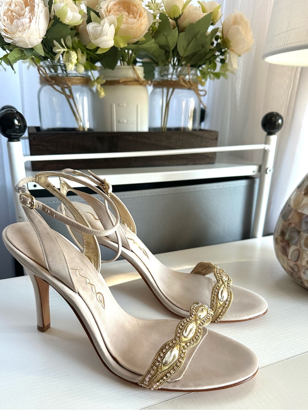 Nina Champagne Satin Beaded Heels NIB Leather Sole Wedding Shoes Sz 9 - Picture 10 of 10